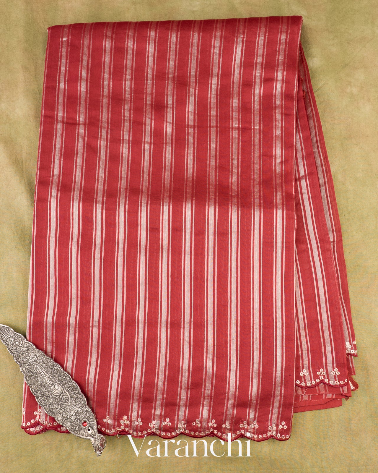 Brick Red Pure Cotton With Tissue Striped Saree 
