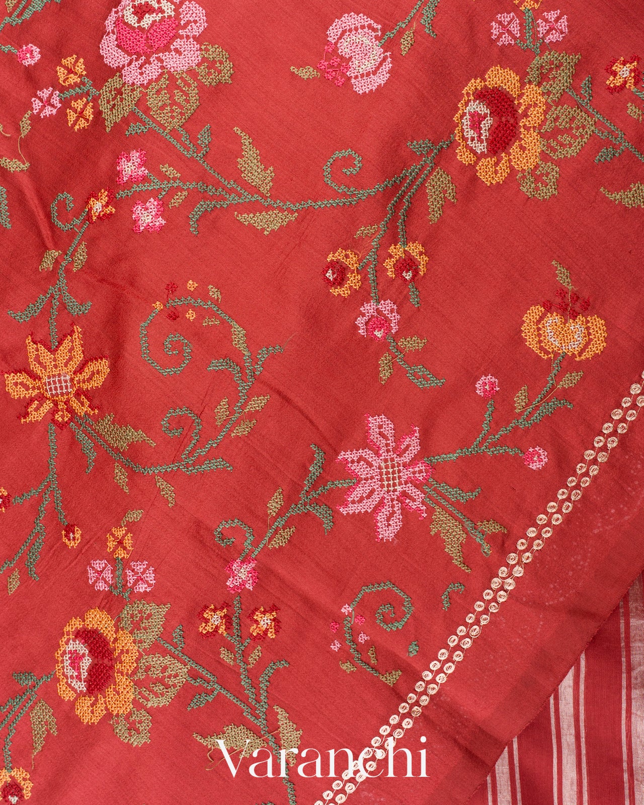 Brick Red Pure Cotton With Tissue Striped Saree 