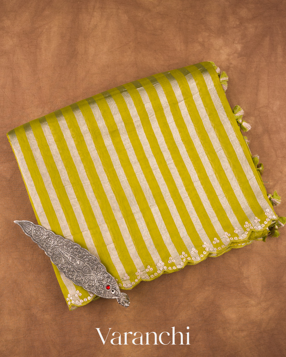 Pista Green Pure Cotton With Tissue Striped Saree