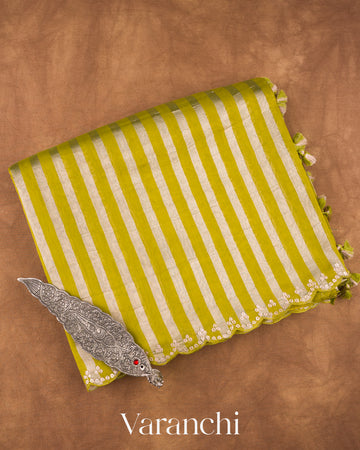 Pista Green Pure Cotton With Tissue Striped Saree