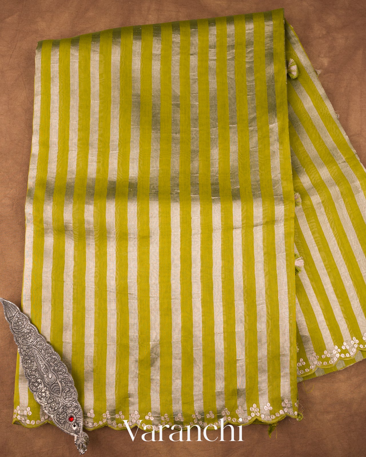 Pista Green Pure Cotton With Tissue Striped Saree