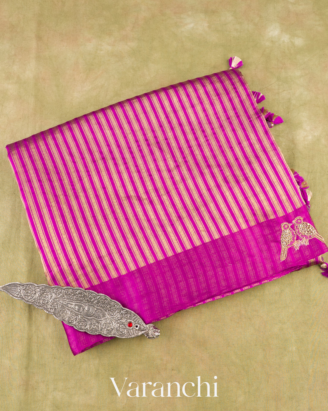 Magenta Tissue Striped Pure Poona Silk Handloom Saree