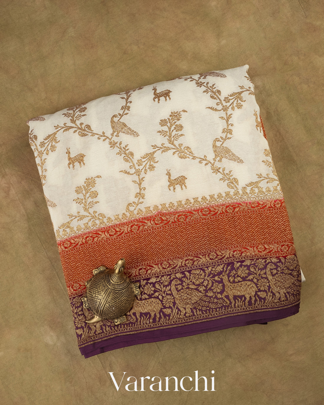 Beige Shikargah Jaal Pure Crepe Silk Handloom Saree