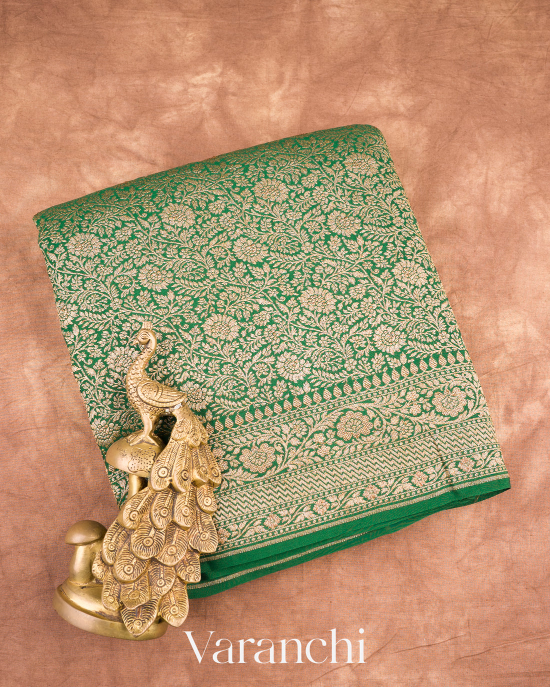 Bottle Green Heavy Brocade Pure Crepe Silk Handloom Saree