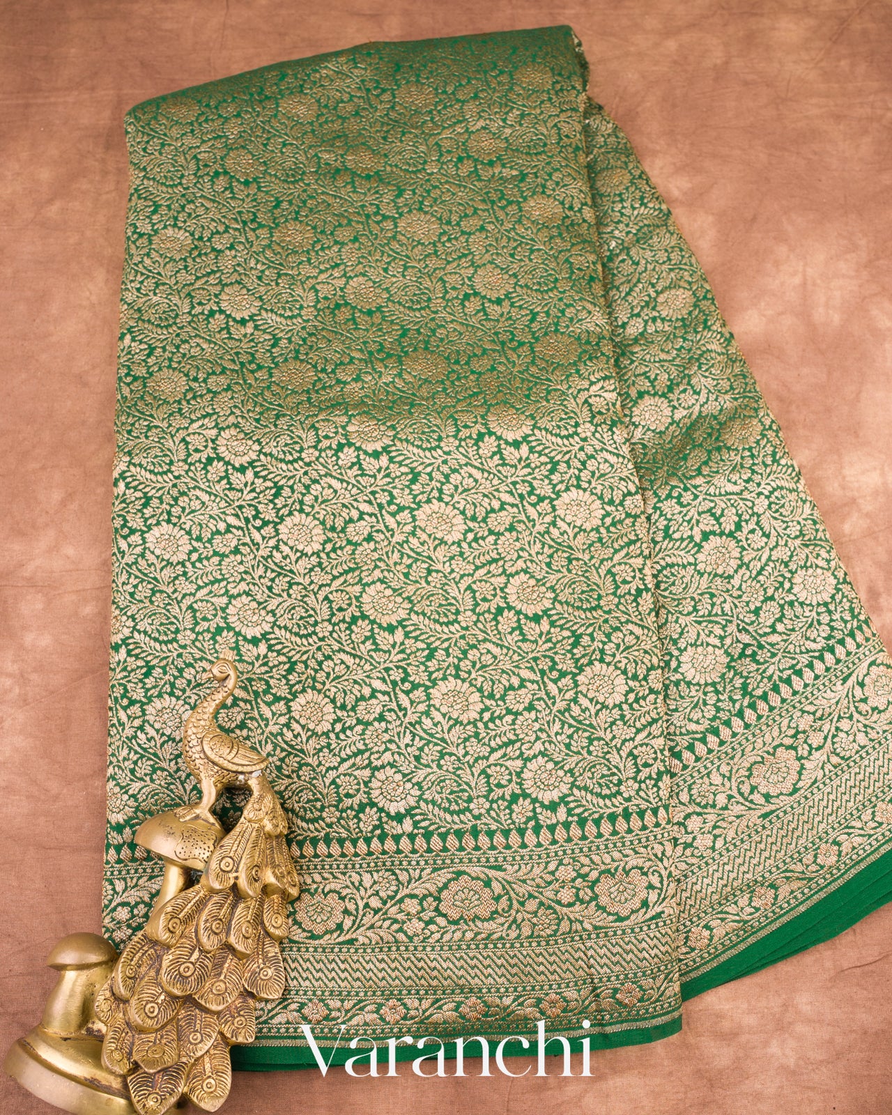 Bottle Green Heavy Brocade Pure Crepe Silk Handloom Saree