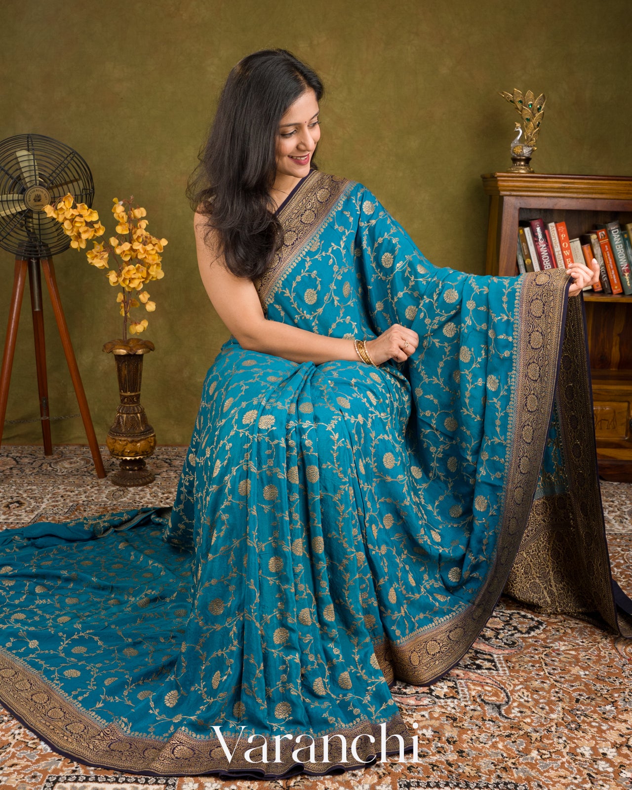 Peacock Blue Heavy Brocade Pure Crepe Silk Handloom Saree