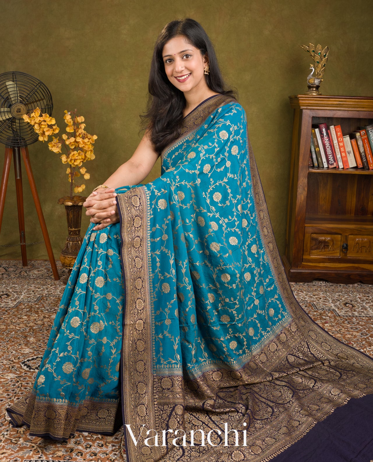 Peacock Blue Heavy Brocade Pure Crepe Silk Handloom Saree