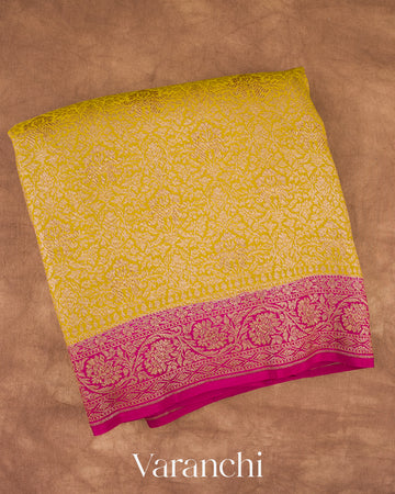 Olive Yellow Heavy Brocade Pure Crepe Silk Handloom Saree