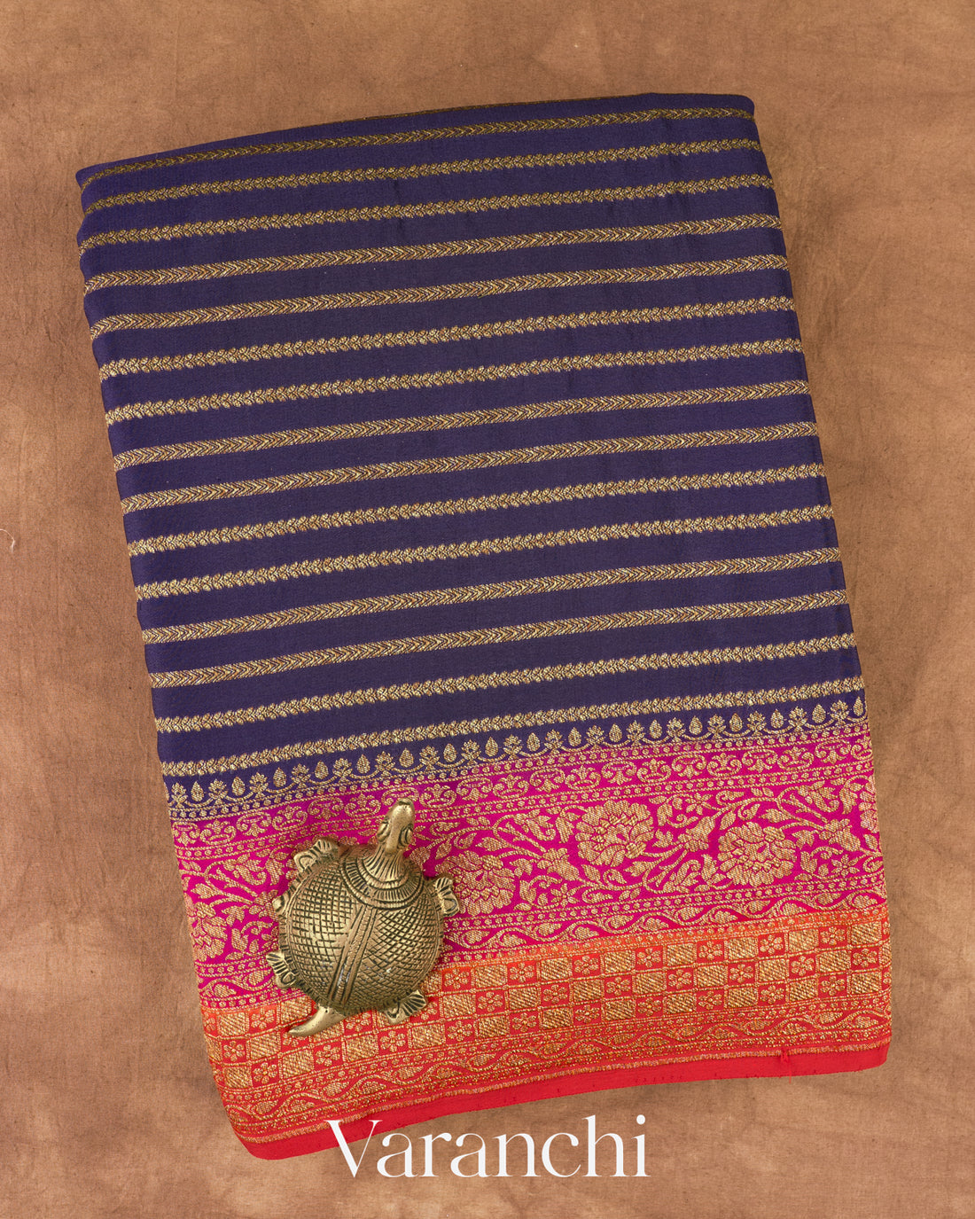 Navy Blue Striped Pure Crepe Silk Handloom Saree