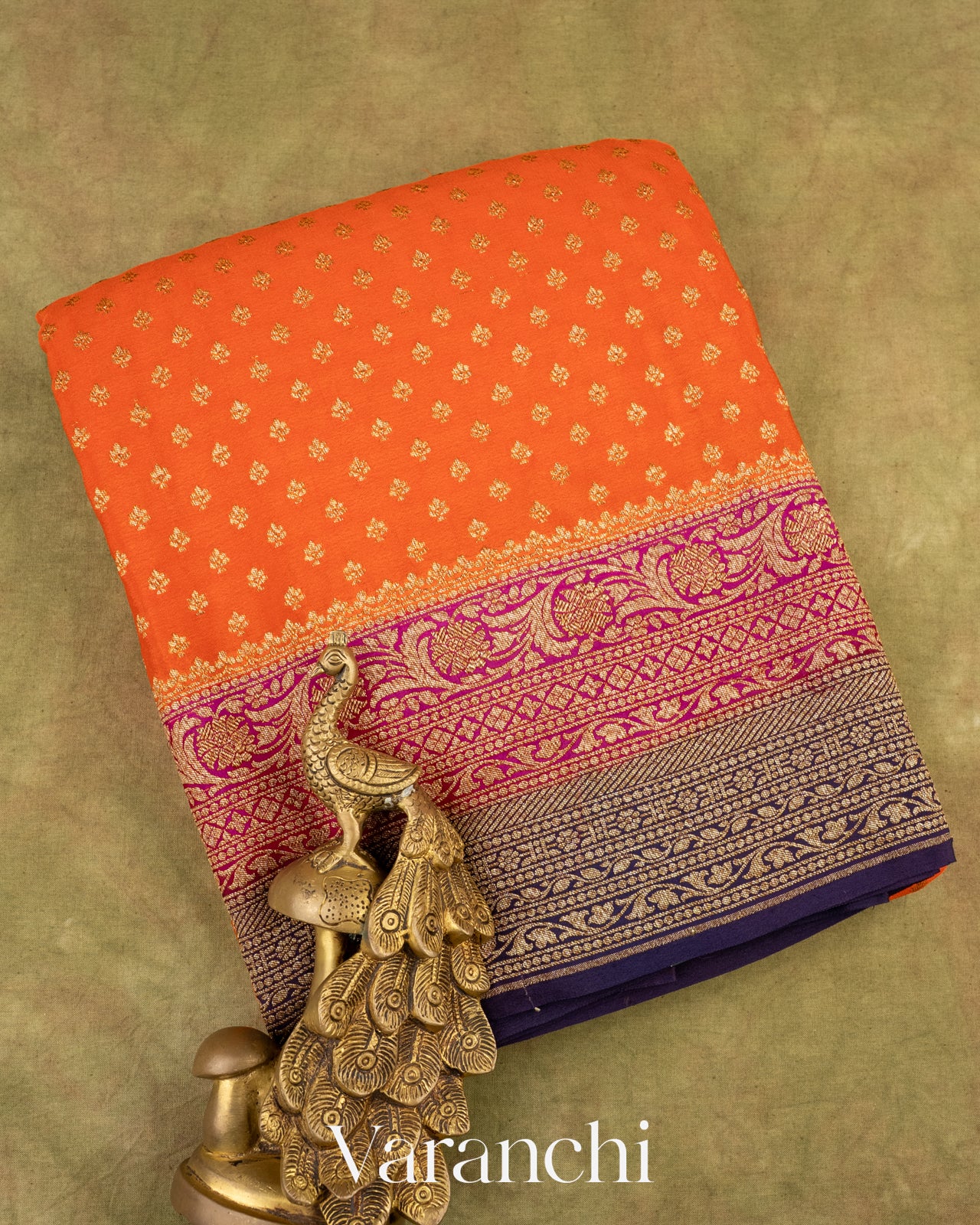 Deep Tangerine Pure Crepe Silk Handloom Saree