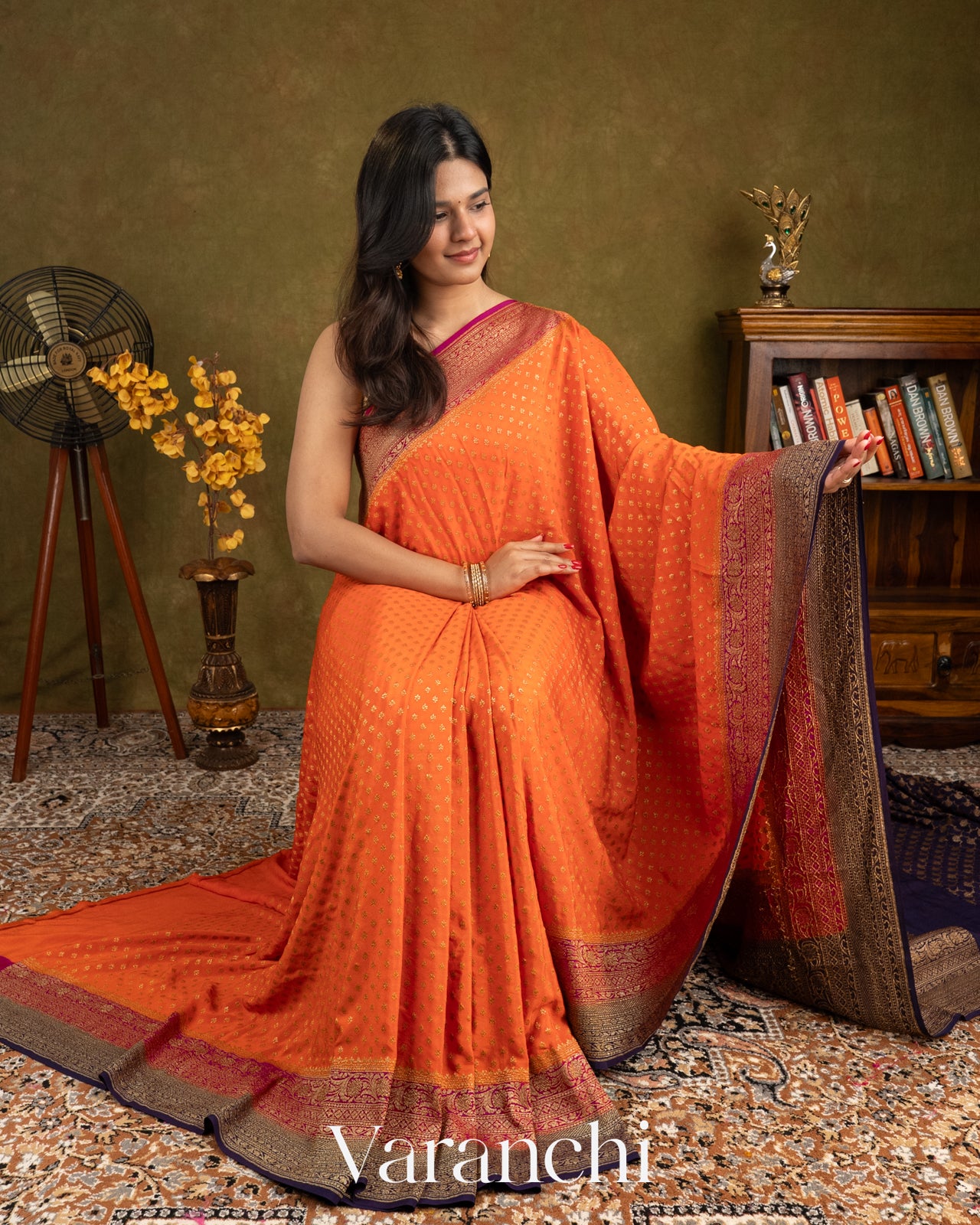 Deep Tangerine Pure Crepe Silk Handloom Saree