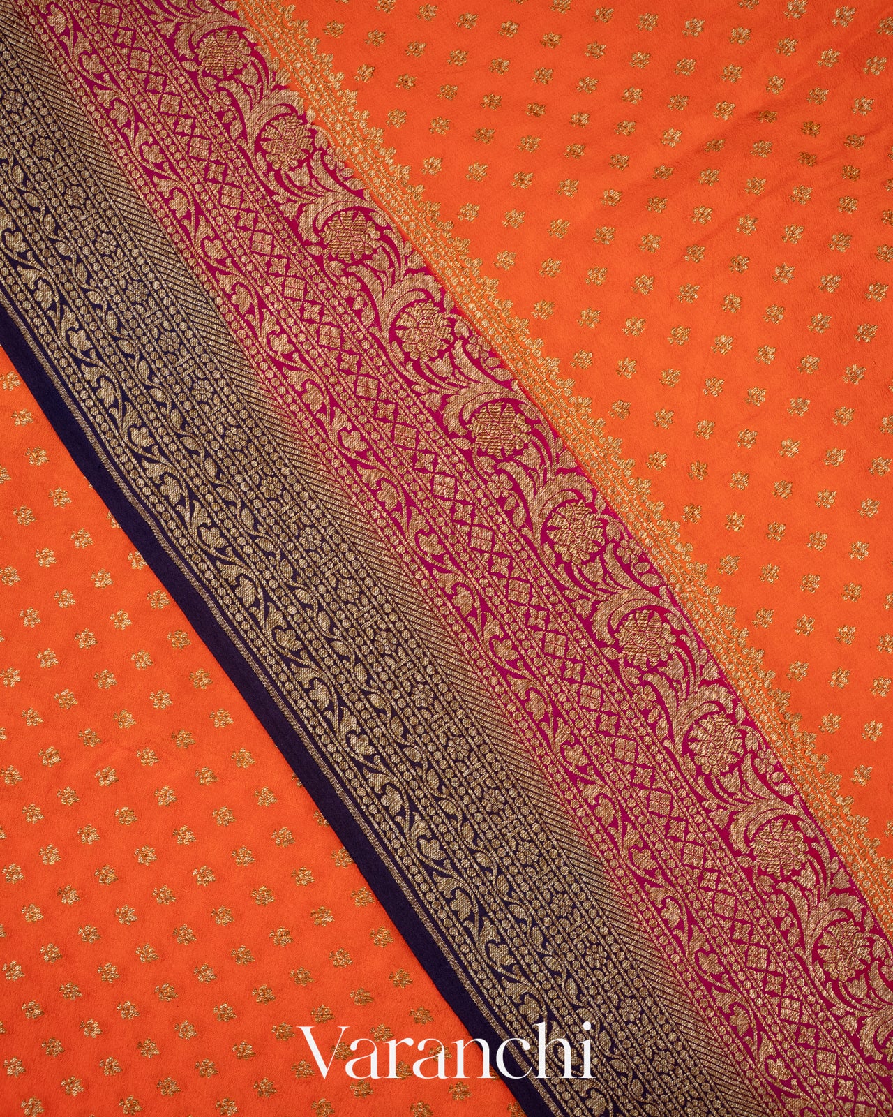 Deep Tangerine Pure Crepe Silk Handloom Saree