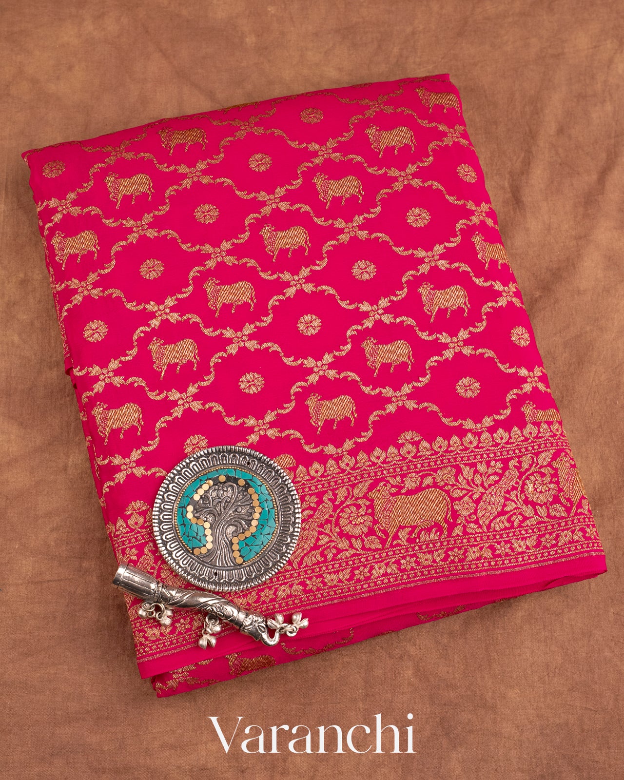 Hot Pink Heavy Pichwai Brocade Pure Crepe Silk Handloom Saree