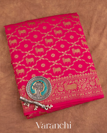 Hot Pink Heavy Pichwai Brocade Pure Crepe Silk Handloom Saree