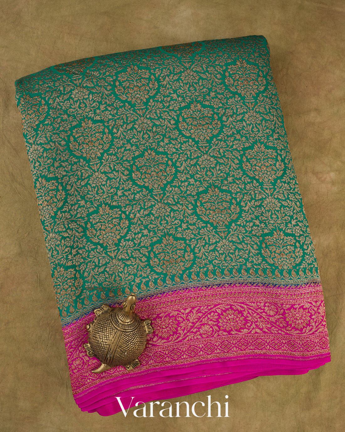 Rama Green Heavy Brocade Pure Crepe Silk Handloom Saree