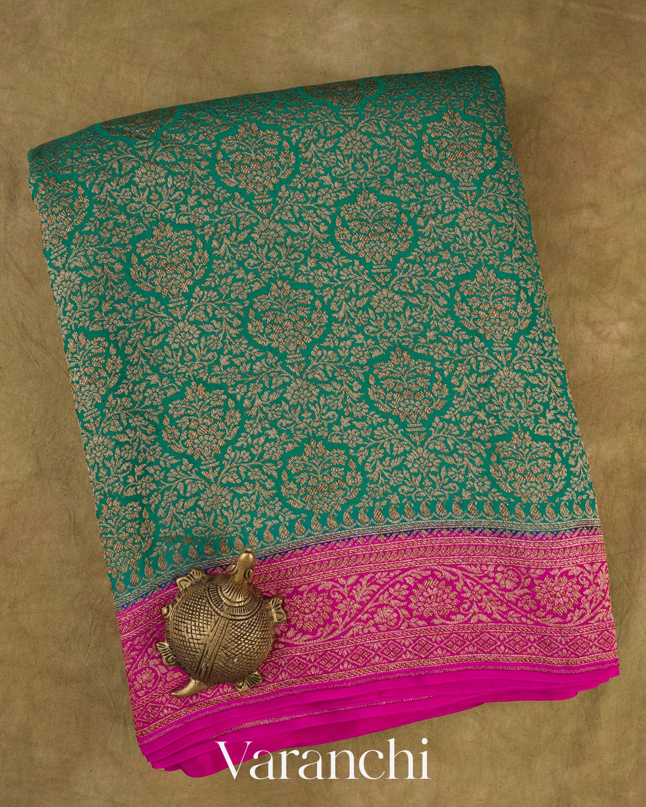 Rama Green Heavy Brocade Pure Crepe Silk Handloom Saree