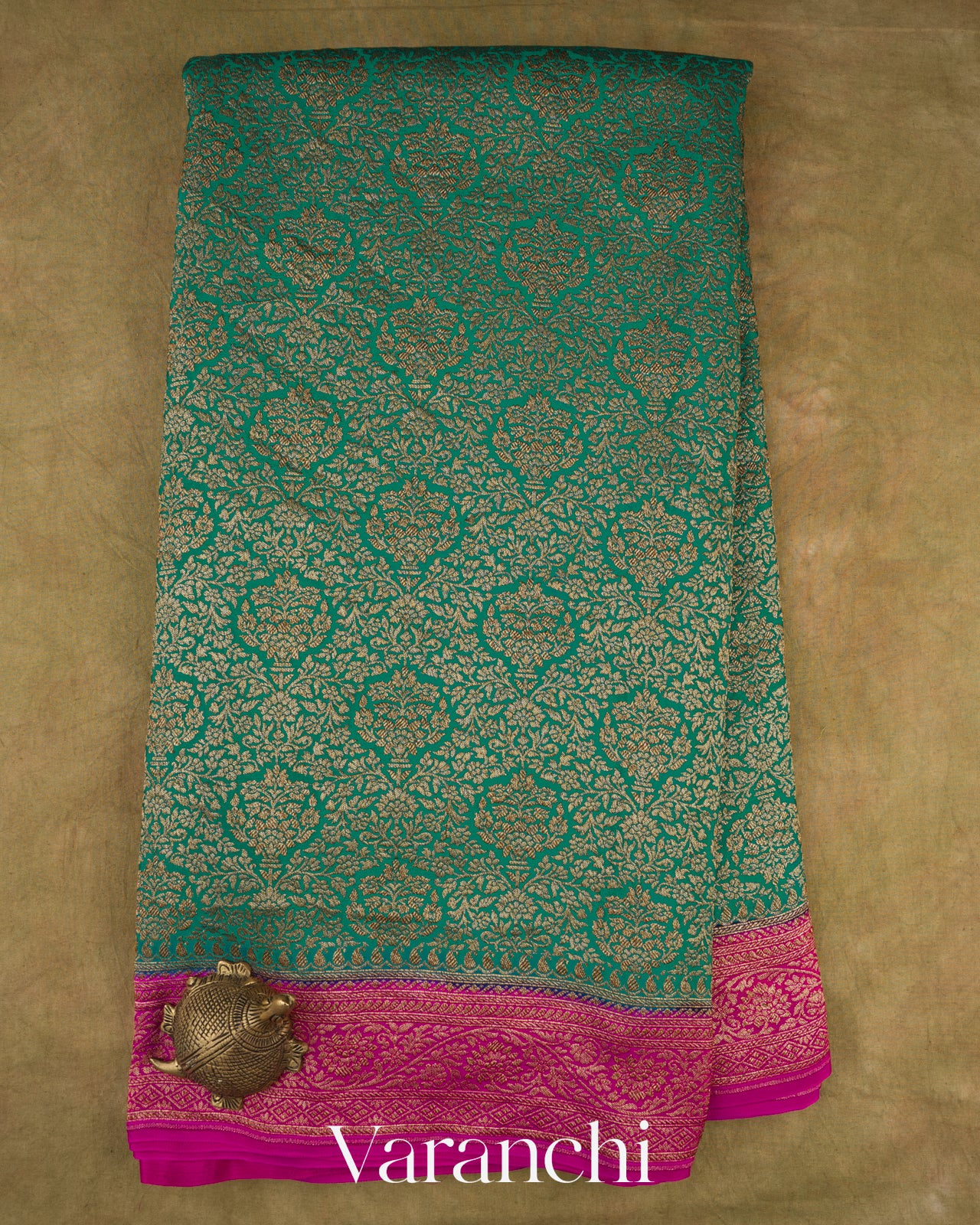 Rama Green Heavy Brocade Pure Crepe Silk Handloom Saree