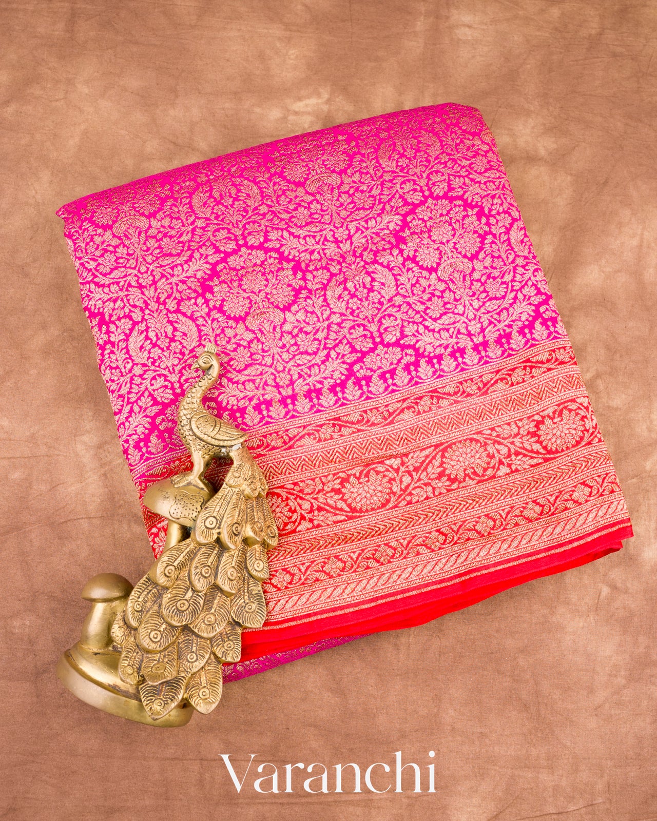 Magenta-Pink Heavy Brocade Pure Crepe Silk Handloom Saree