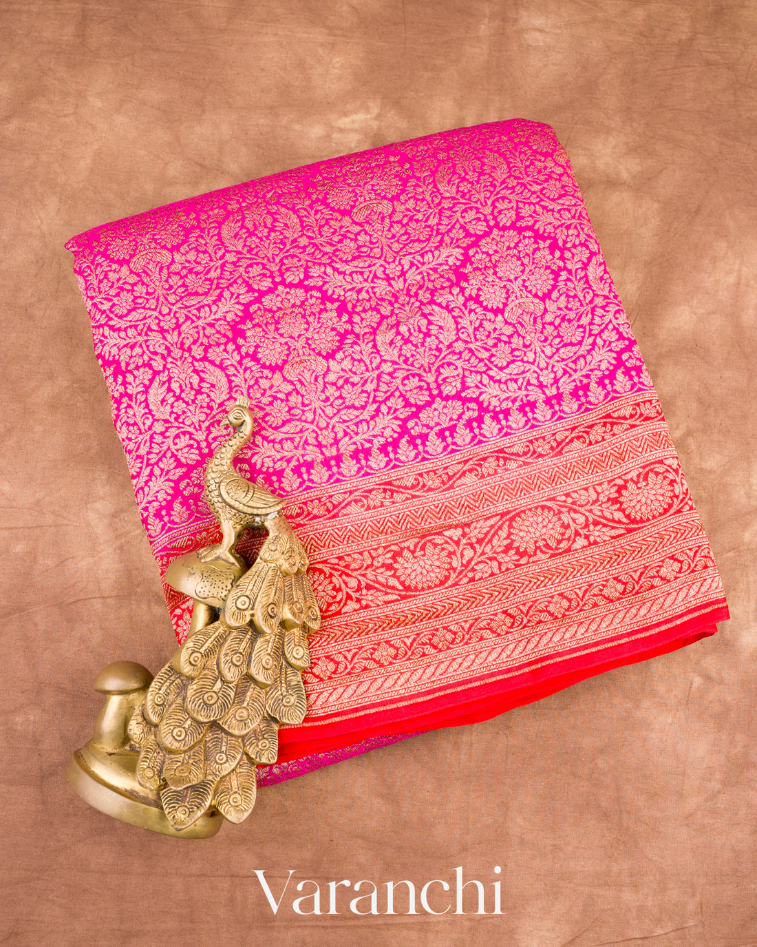 Magenta-Pink Heavy Brocade Pure Crepe Silk Handloom Saree