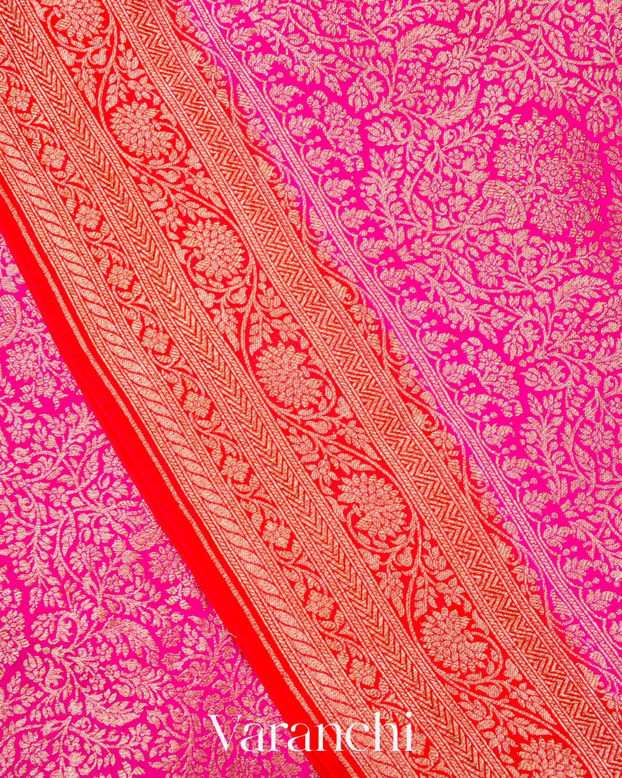 Magenta-Pink Heavy Brocade Pure Crepe Silk Handloom Saree