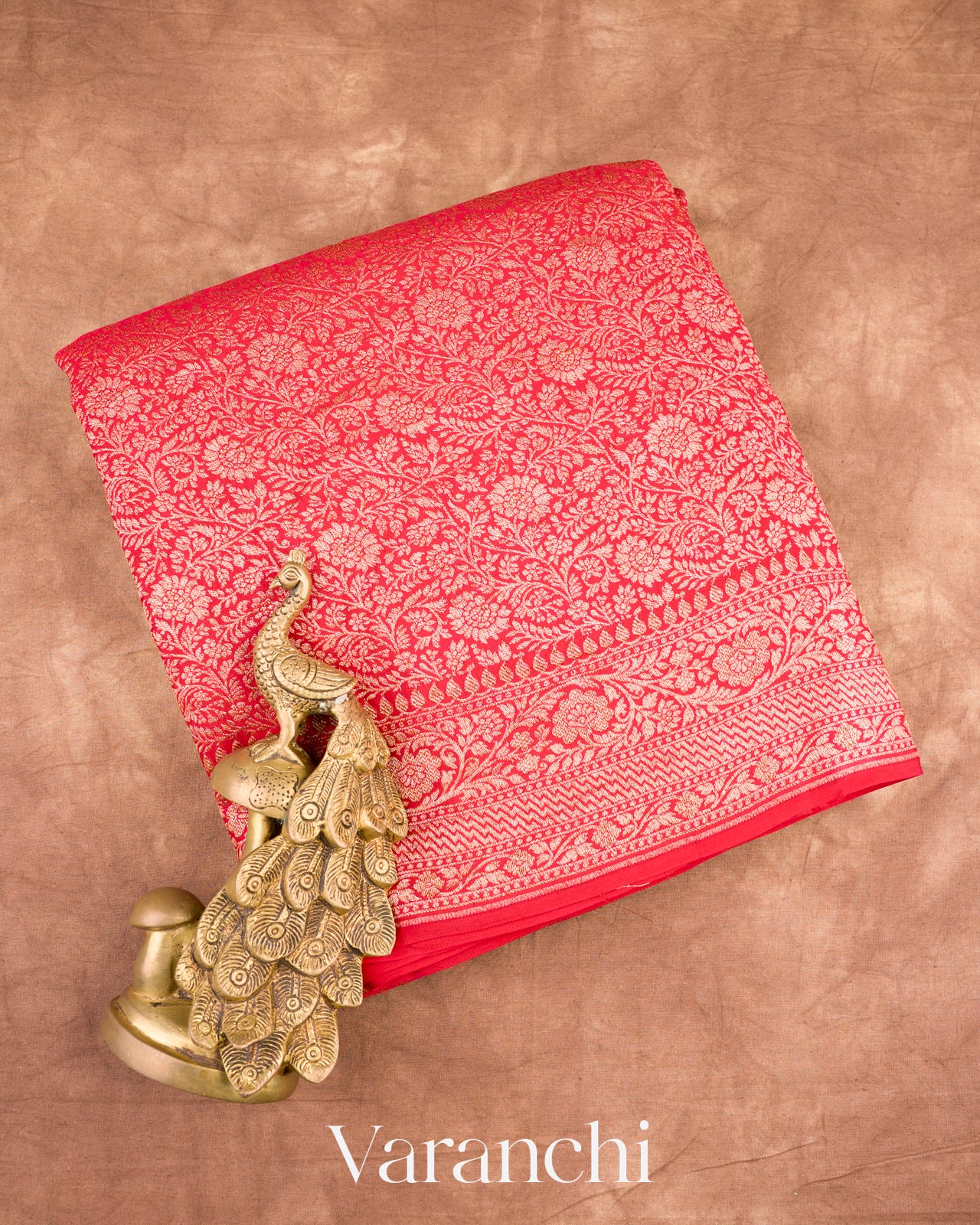 Bright Red Heavy Brocade Pure Crepe Silk Handloom Saree