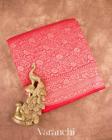 Bright Red Heavy Brocade Pure Crepe Silk Handloom Saree