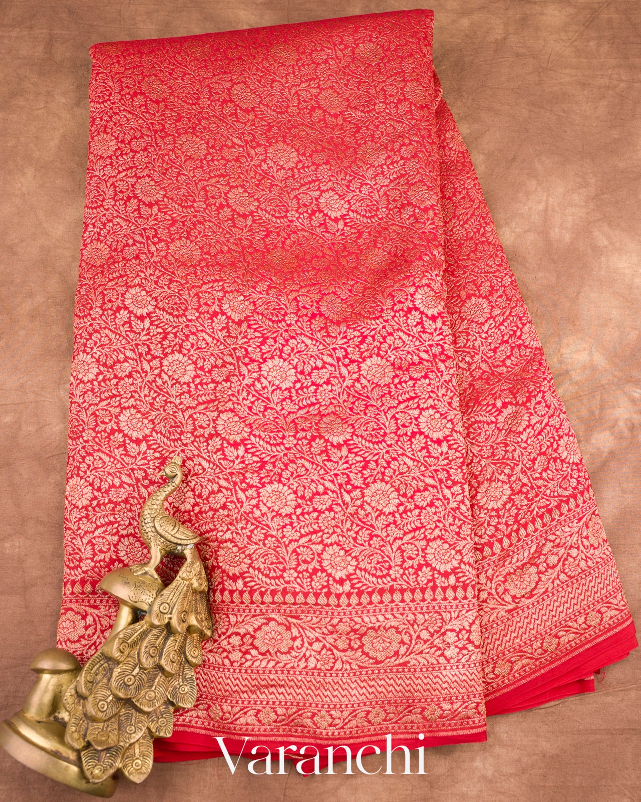 Bright Red Heavy Brocade Pure Crepe Silk Handloom Saree