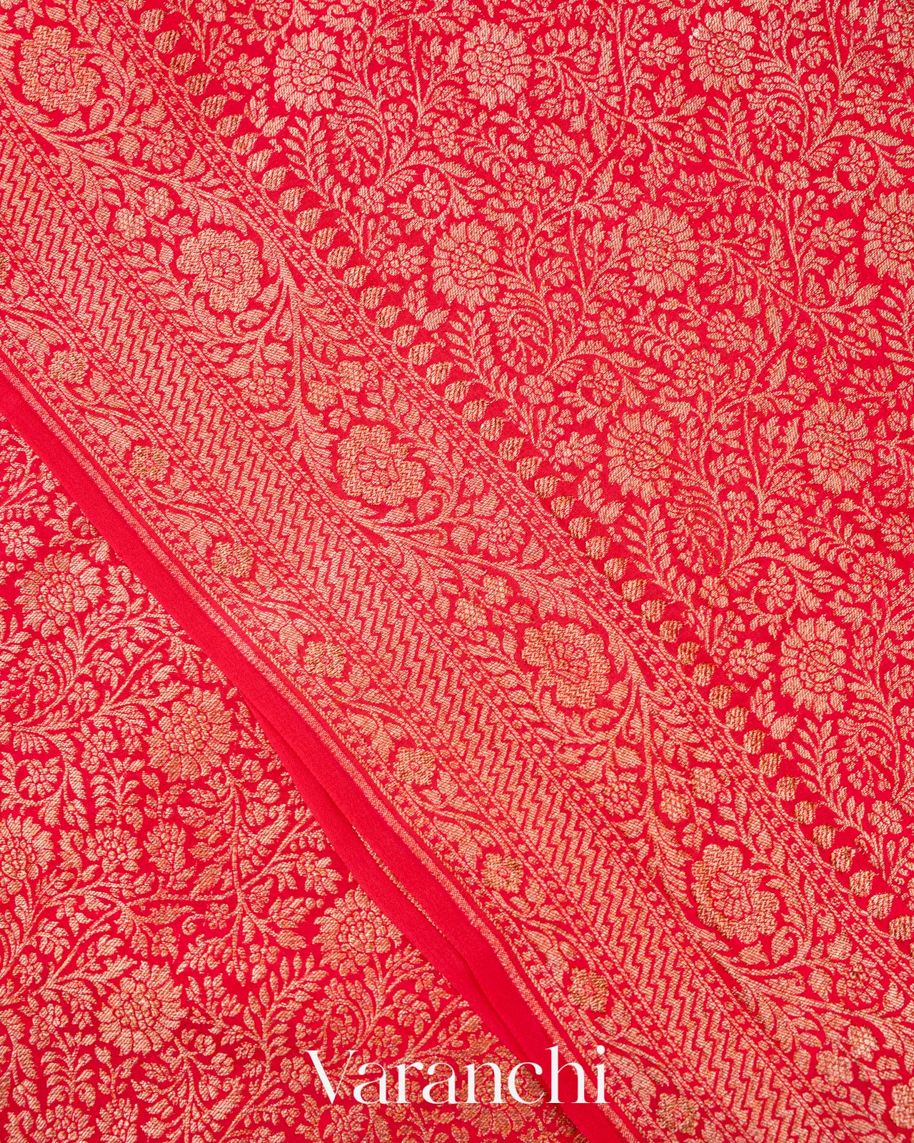 Bright Red Heavy Brocade Pure Crepe Silk Handloom Saree