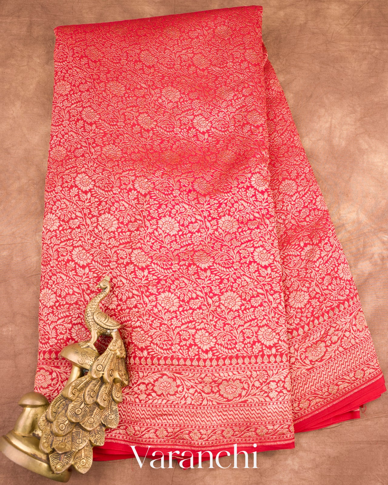 Deep Red Heavy Brocade Pure Crepe Silk Handloom Saree