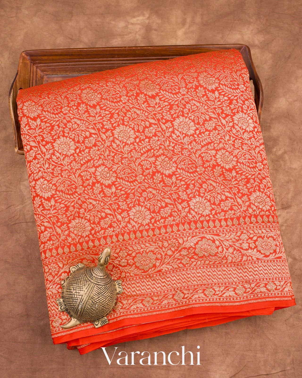 Orange Heavy Brocade Pure Crepe Silk Handloom Saree