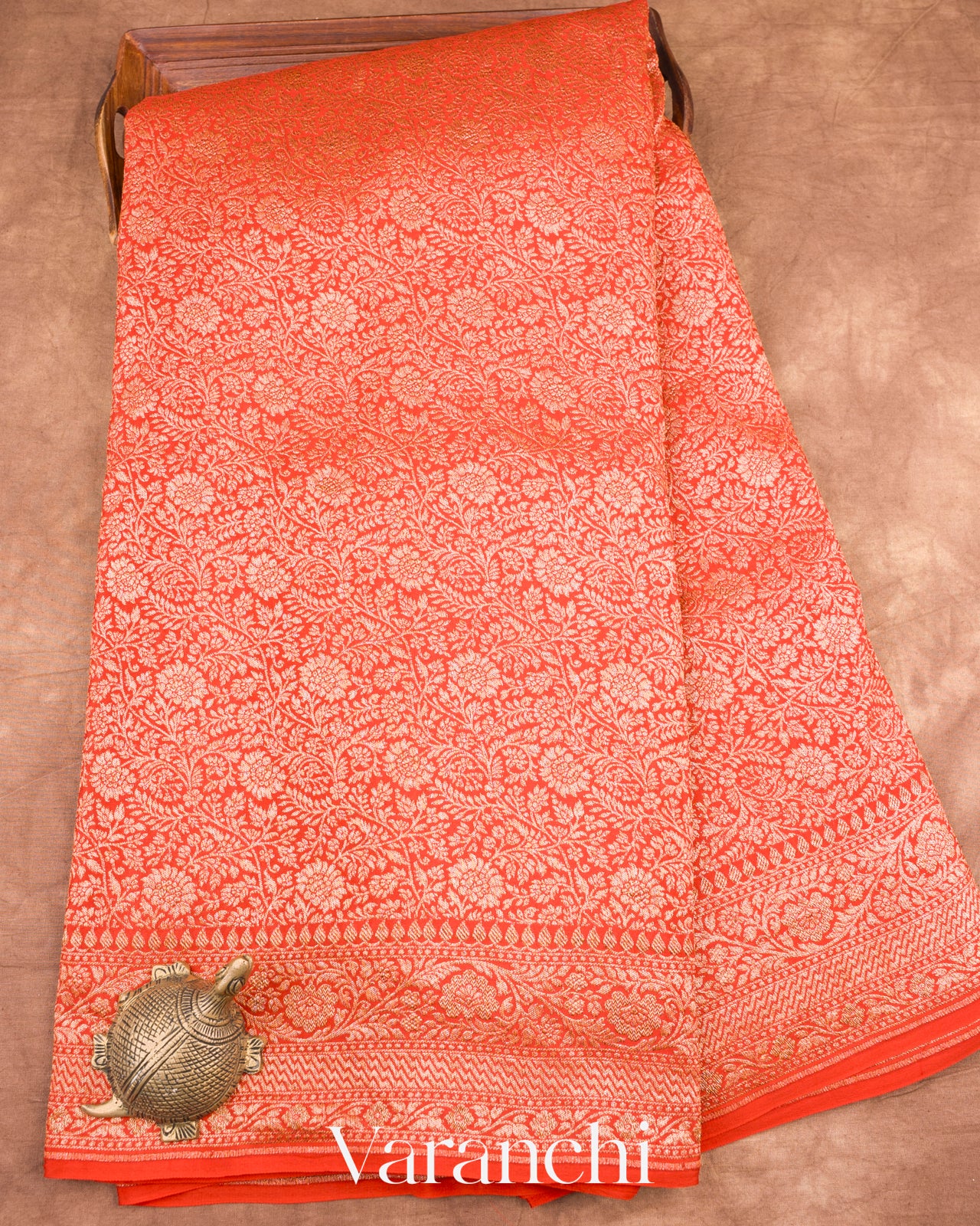 Orange Heavy Brocade Pure Crepe Silk Handloom Saree