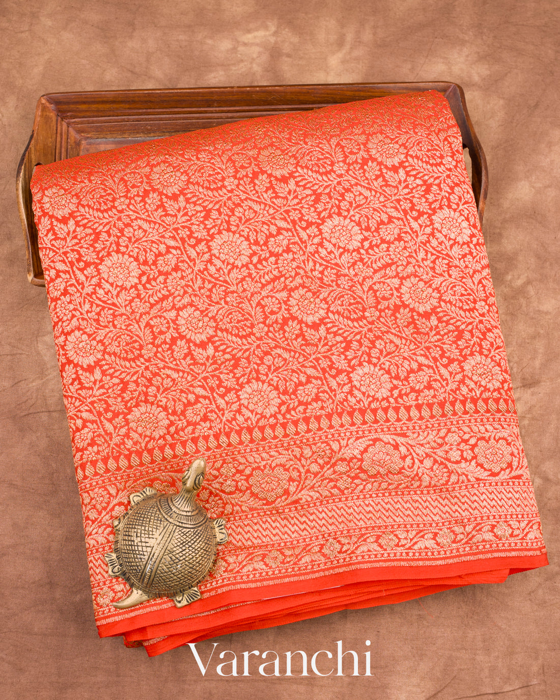 Rust Orange Heavy Brocade Pure Crepe Silk Handloom Saree