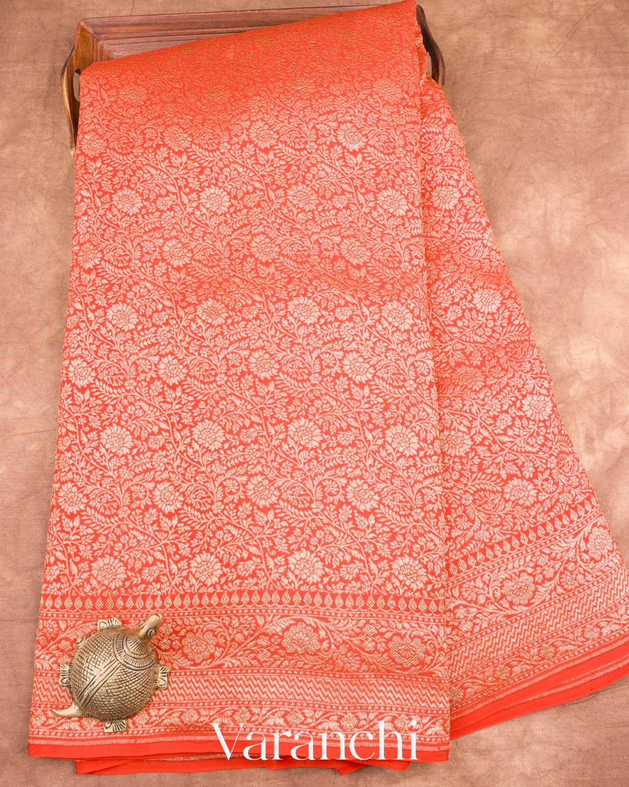 Rust Orange Heavy Brocade Pure Crepe Silk Handloom Saree