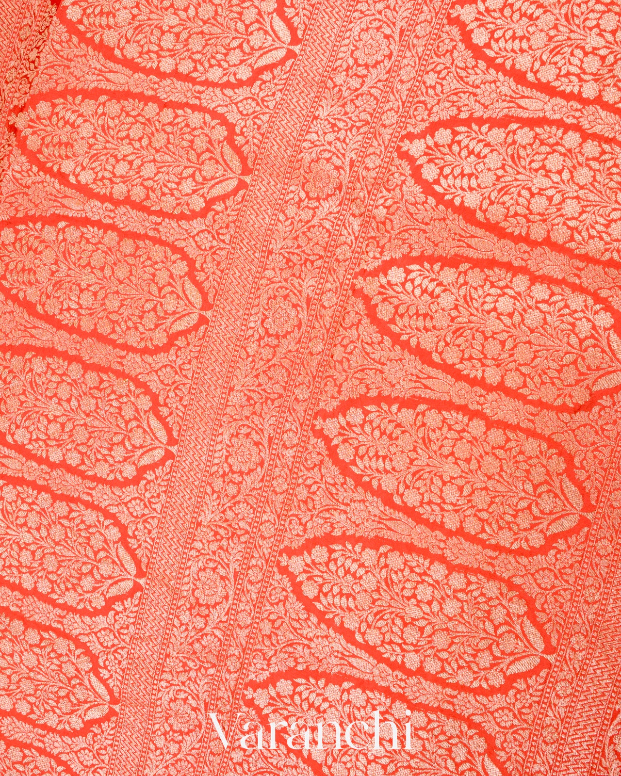 Rust Orange Heavy Brocade Pure Crepe Silk Handloom Saree