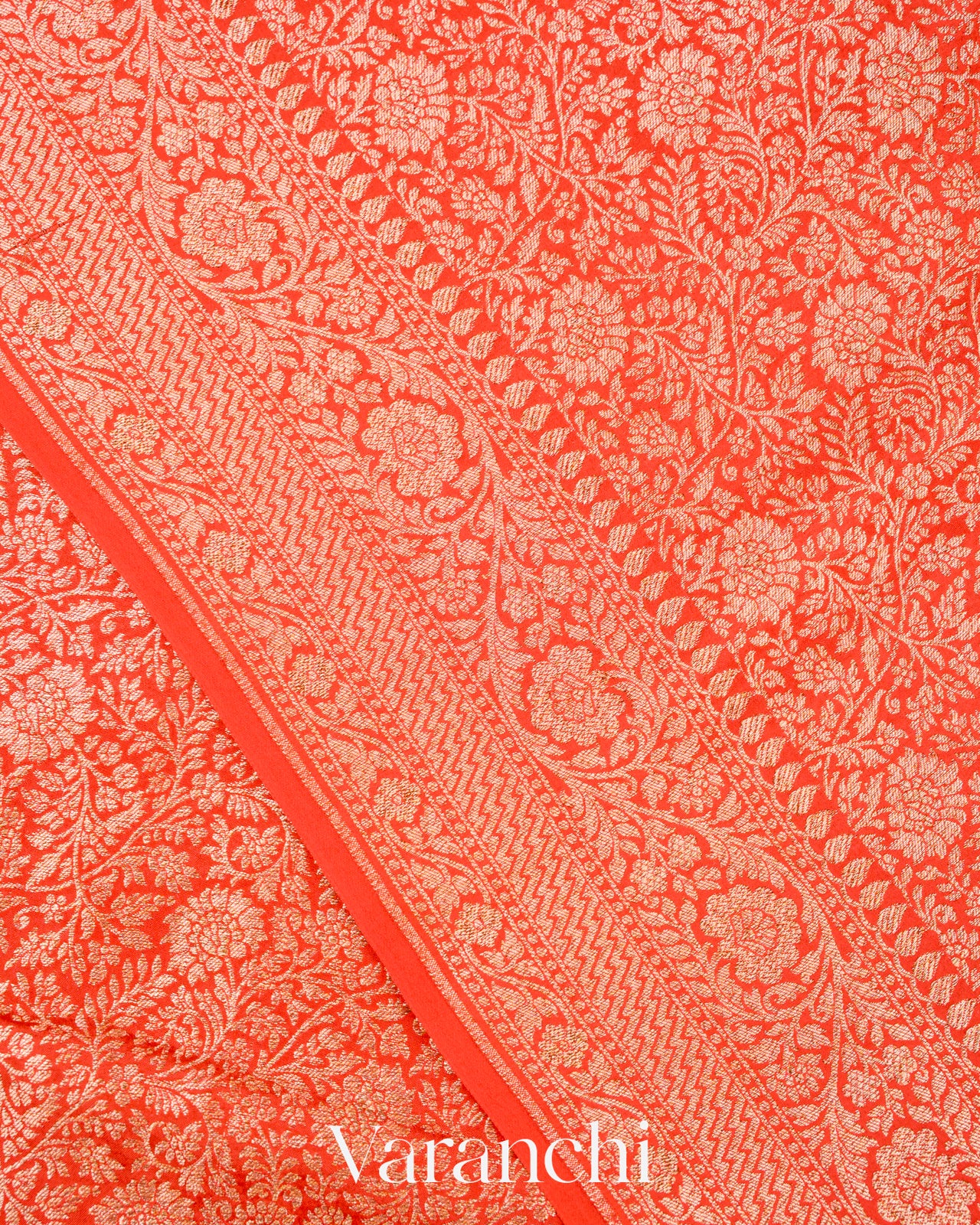 Rust Orange Heavy Brocade Pure Crepe Silk Handloom Saree