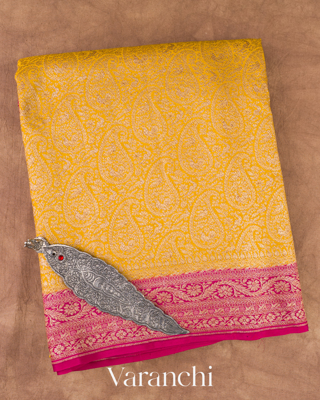 Turmeric Yellow Heavy Brocade Pure Crepe Silk Handloom Saree