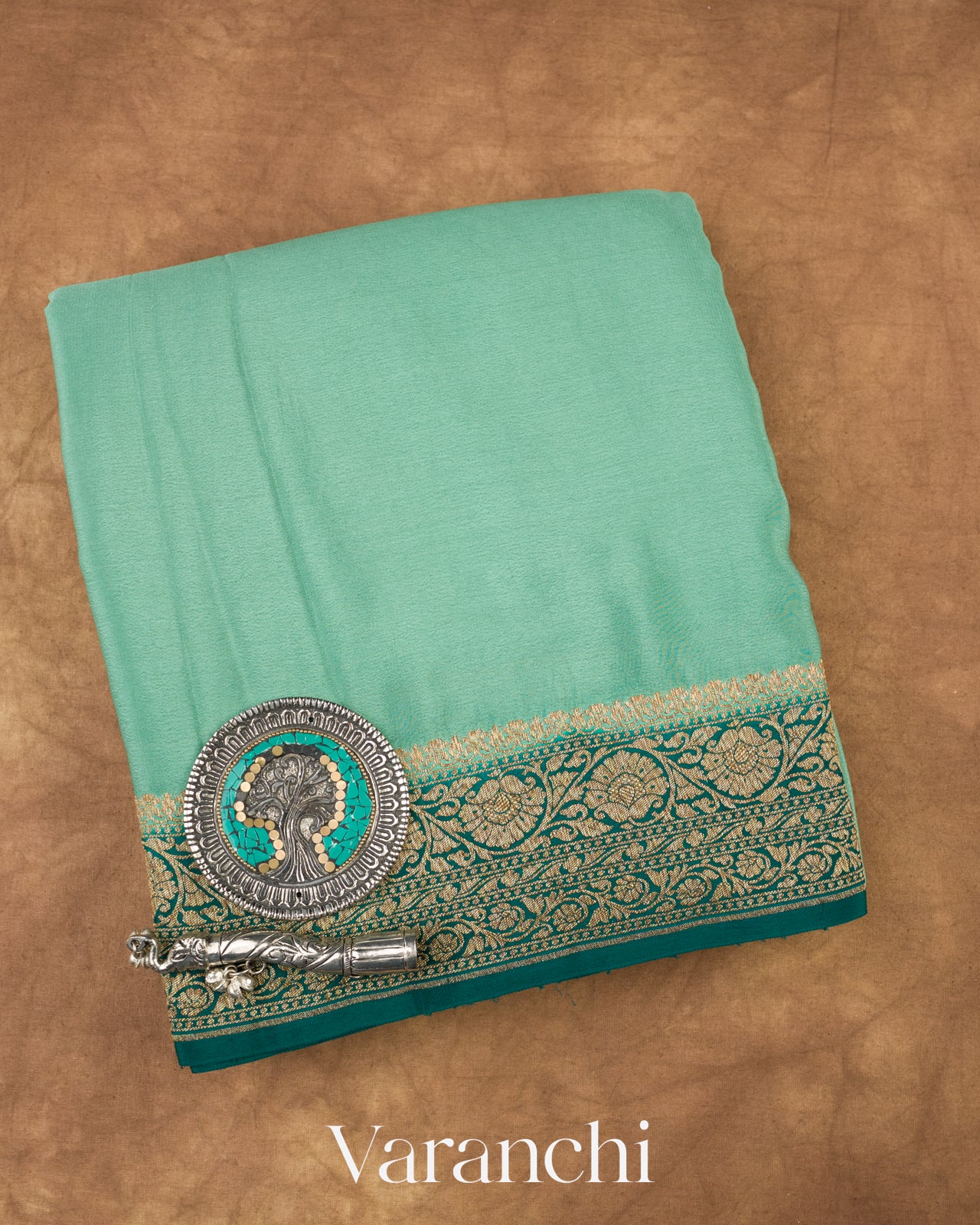 Light Aqua Green Pure Crepe Silk Handloom Saree