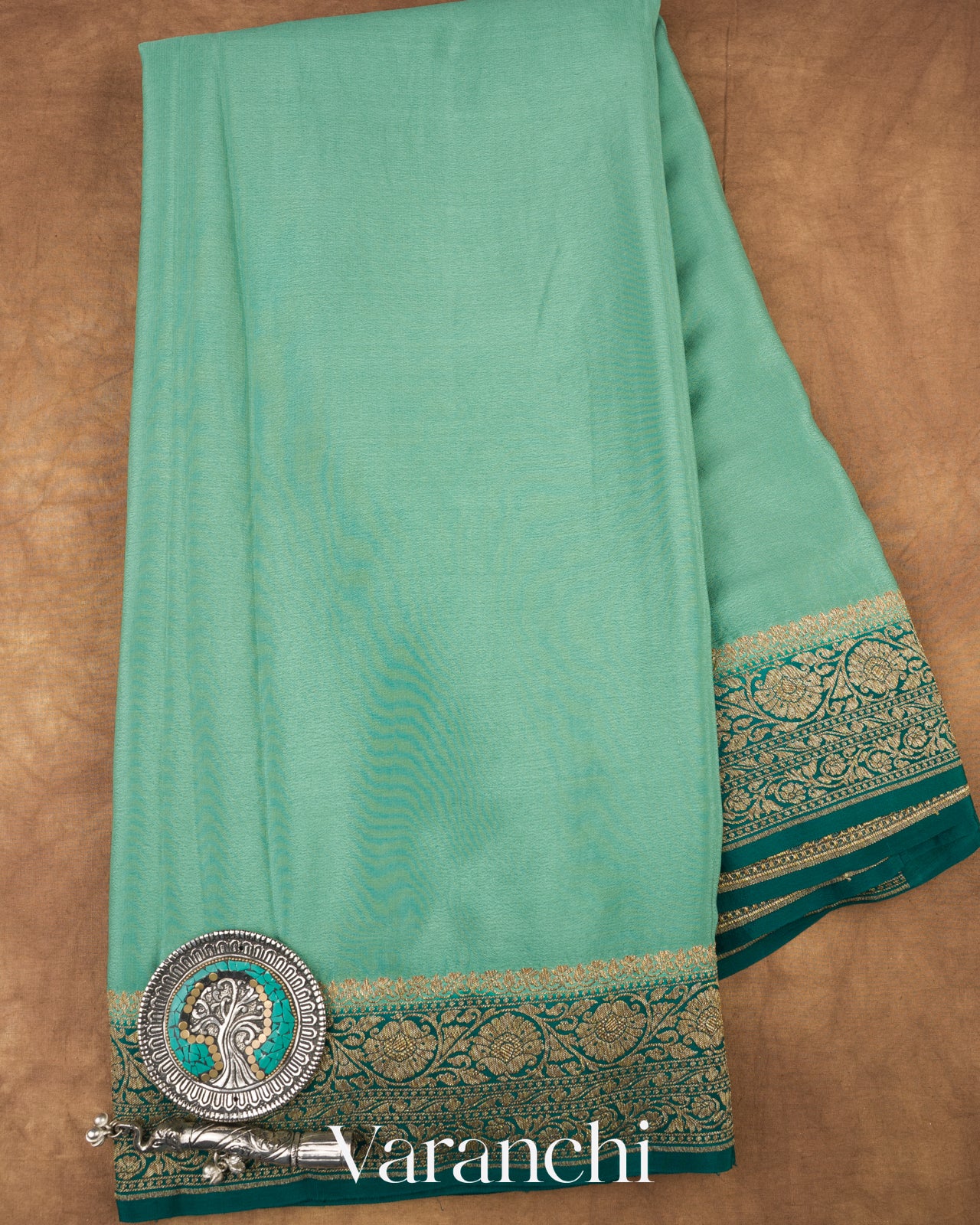 Light Aqua Green Pure Crepe Silk Handloom Saree