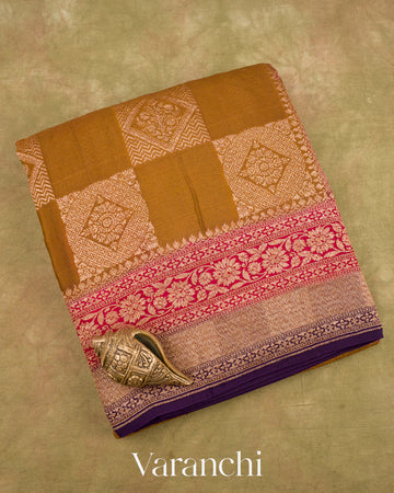 Mustard Brown Pure Crepe Silk Handloom Saree