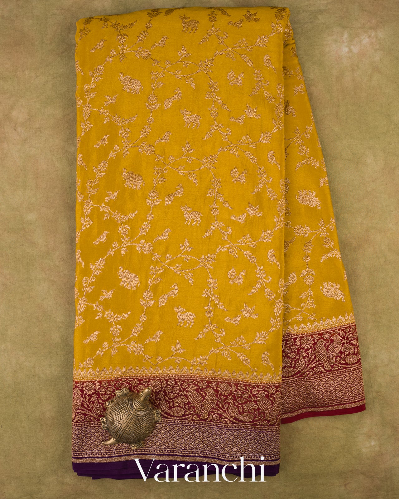 Golden Yellow Floral Jaal Pure Crepe Silk Handloom Saree