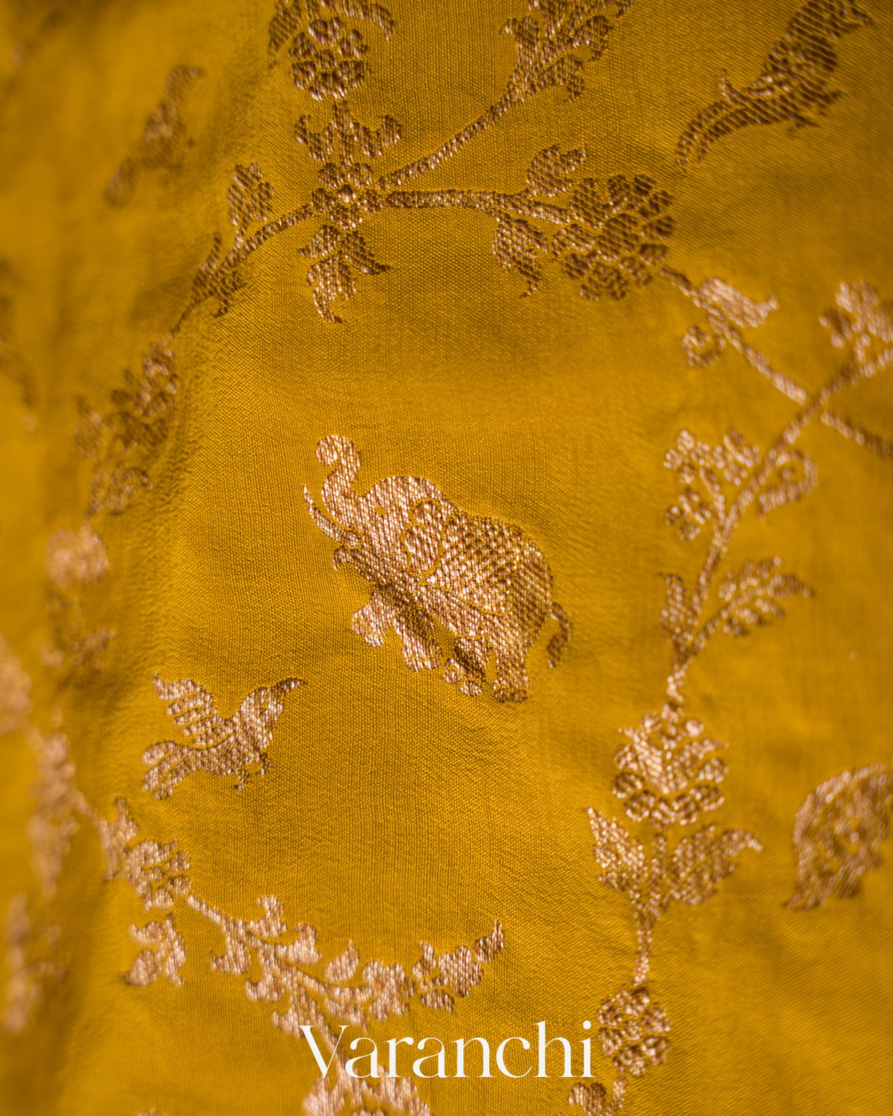 Golden Yellow Floral Jaal Pure Crepe Silk Handloom Saree