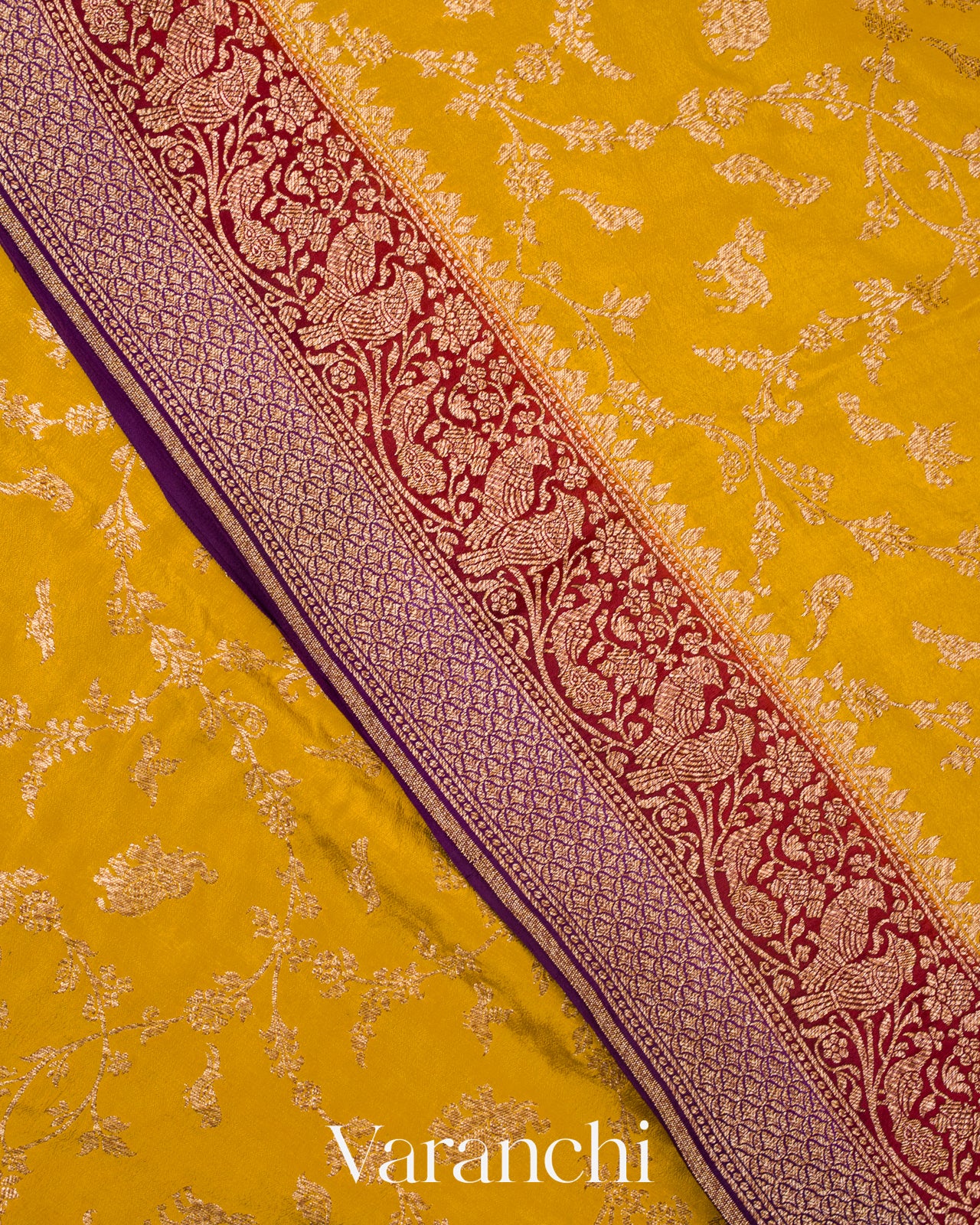 Golden Yellow Floral Jaal Pure Crepe Silk Handloom Saree