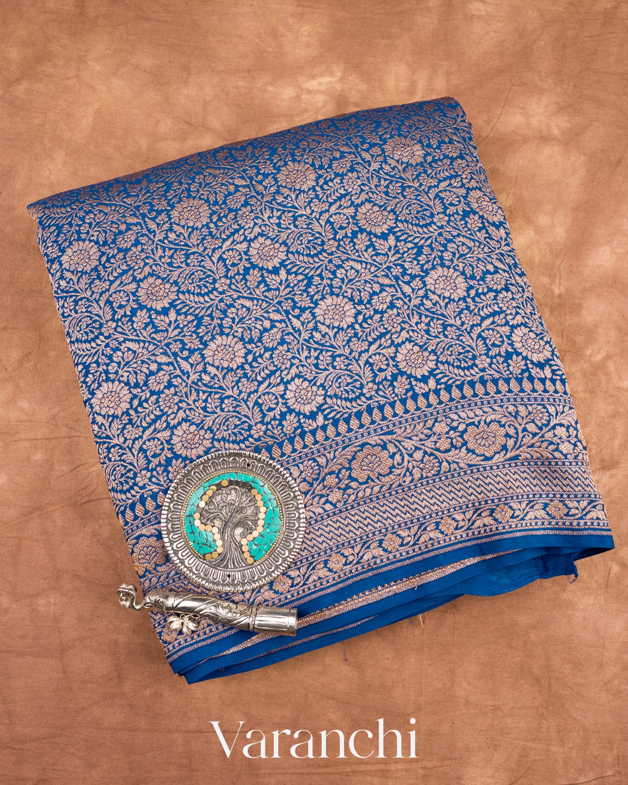 Ink Blue Heavy Brocade Pure Crepe Silk Handloom Saree 