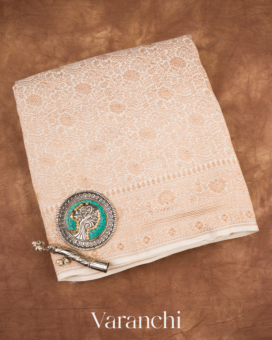 Off White Heavy Brocade Pure Crepe Silk Handloom Saree 