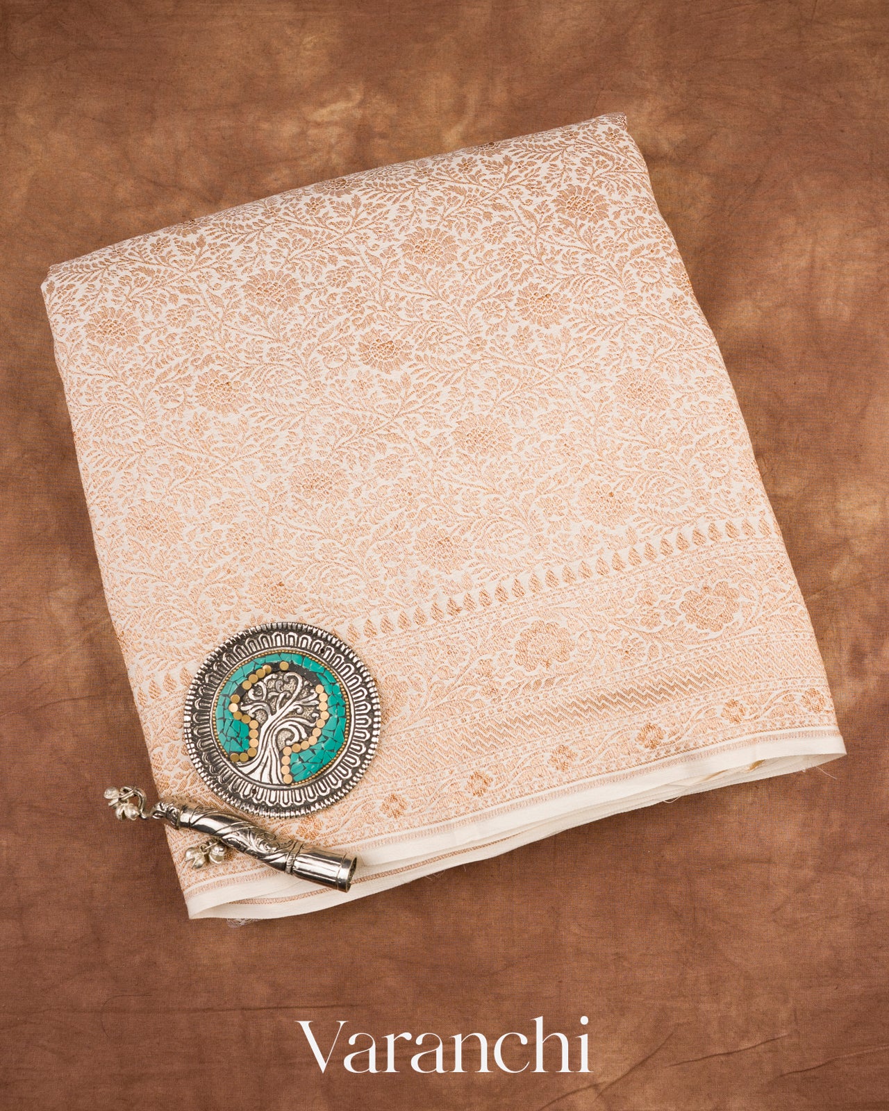 Off White Heavy Brocade Pure Crepe Silk Handloom Saree 