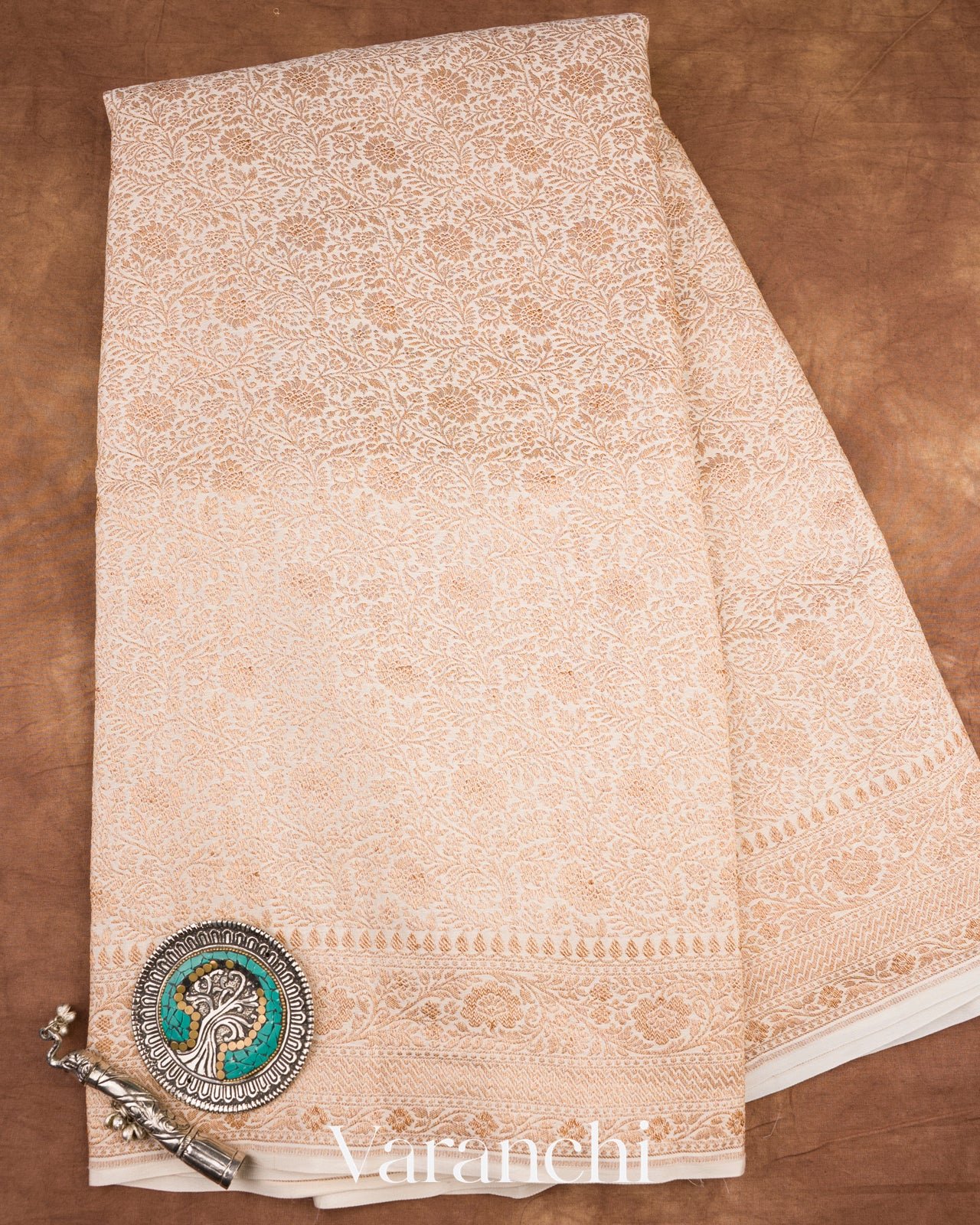 Off White Heavy Brocade Pure Crepe Silk Handloom Saree 