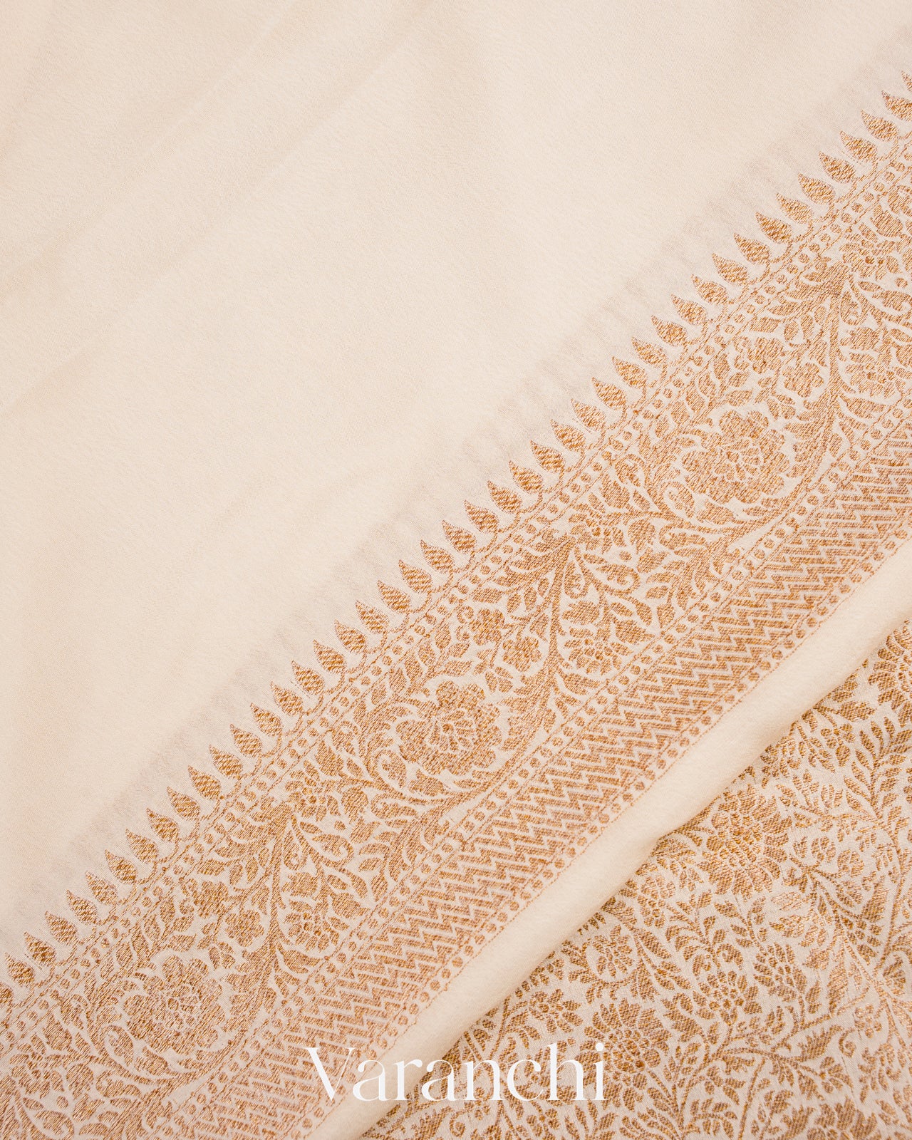 Off White Heavy Brocade Pure Crepe Silk Handloom Saree 