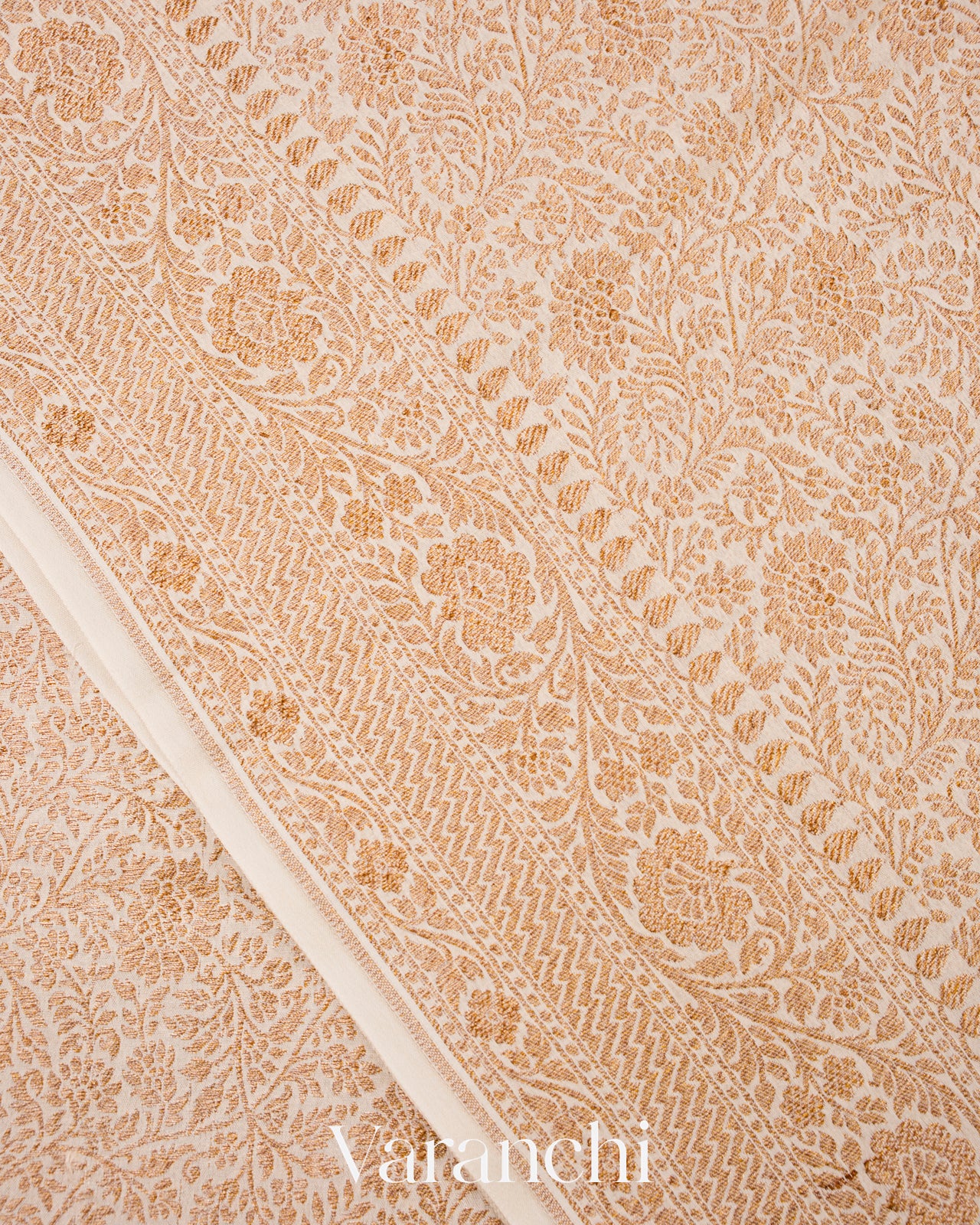 Off White Heavy Brocade Pure Crepe Silk Handloom Saree 