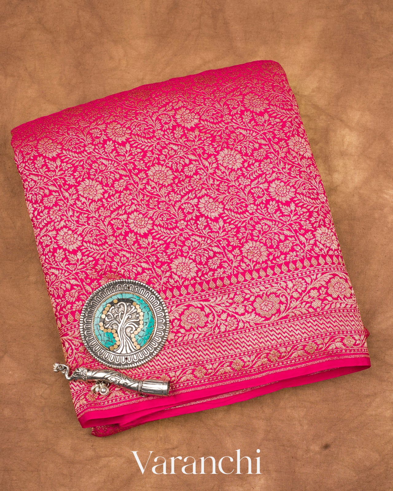 Regal Pink Heavy Brocade Pure Crepe Silk Handloom Saree