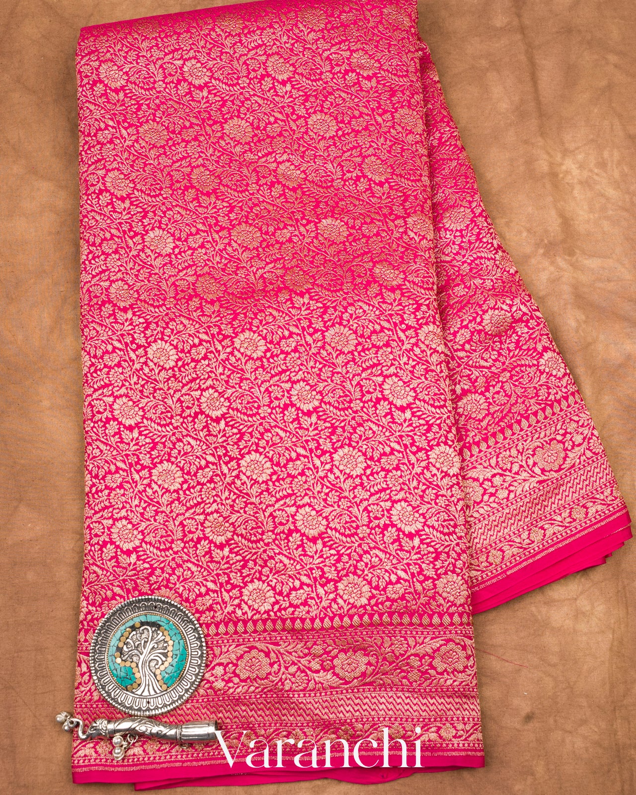 Regal Pink Heavy Brocade Pure Crepe Silk Handloom Saree